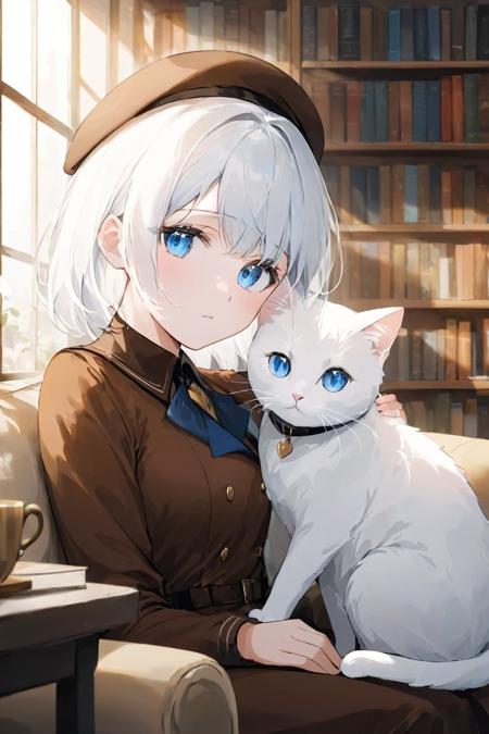 white hair, blue eyes