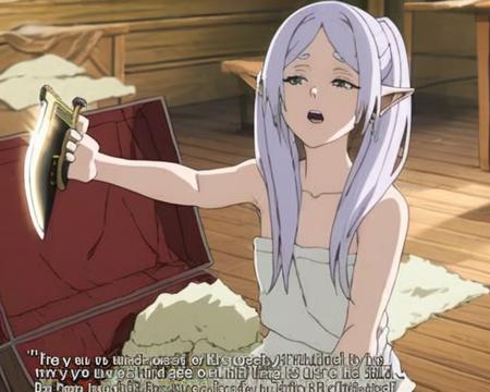 masterpiece, best quality,  <lora:FrierenHoldingObjectV1-000150:1.0>, FHO, holding sword, 1girl, solo, white hair, english text, subtitled, open mouth, towel, indoors, naked towel, wooden floor, bare arms, sitting