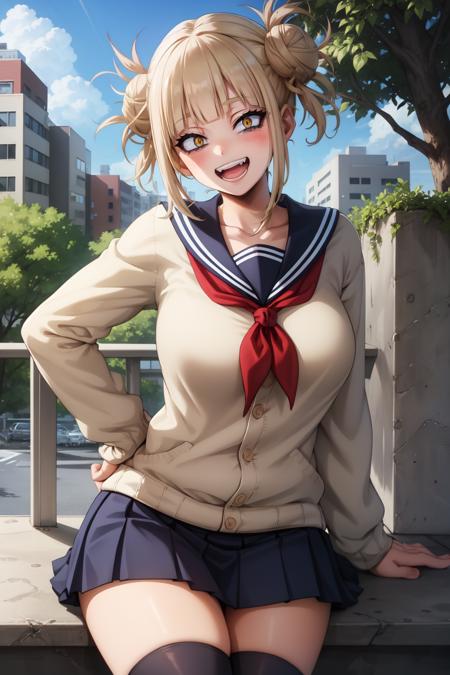 HimikoU1, 1girl, solo, bangs, blonde hair, yellow eyes, blunt bangs, hair bun, double bun, sidelocks, messy hair, looking at viewer, smile, blush, bags under eyes, teeth, school uniform, sailor collar, open mouth, serafuku, fangs, breasts, big breasts, cardigan, narrowed eyes, long sleeves, neckerchief, red neckerchief, cowboy shot, slit pupils, blue saillor collar, skirt, sharp teeths, :d, pleated skirt, collarbone, short hair, blue skirt, kneehighs, hands in hips, outdoors, day, buildings, city, clouds, balcony, trees, bushes, sitting, sitting in, girl sitting in, hourglass body, curvy,
 <lora:HimikoU2:0.8>