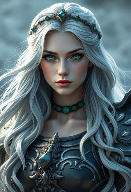 A 20-year-old female goddess with long, flowing silver hair resembling moonlit cascades, adorned with a delicate, gemstone-encrusted circlet, her elegant face showcasing a serene yet powerful visage, with profound, piercing emerald eyes that seem to hold the wisdom of the ages. Her features, a masterful blend of classical Greek and Norse inspirations, exude an aura of intelligence, confidence, and unyielding strength, tempered by a deep sense of compassion and wisdom. She wears an intricately crafted, modernized suit of armor, a mesmerizing fusion of ancient,