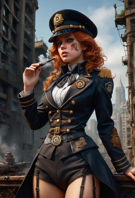 <lora:md2034:0.5> triggering, blood splatter,
poster_\(medium\),  Intense looking but cute and attractive woman smoking an old fashioned pipe, wearing black militaristic uniform and cybernetic monocle stands in front of big stompy mechs with an expansive cityscape in the far distant background, ((it's a glorious future emblem)),  (simple_background:1.3), symmetry,(no_humans:1.3),, (masterpiece:1.3), (best_quality:1.3), (ultra_detailed:1.3), 8k, extremely_clear, realism, (ultrarealistic:1.3),, insane details, intricate details, hyperdetailed, ultra detailed, extreme detailed, highest detailed, high_detail, epic, attention getting, hdr, photorealistic, highres, ultra_high_res, photography, aesthetic, extremely_delicate, ng_deepnegative_v1_75t, Ellis-RealismBoost, epiCRealism