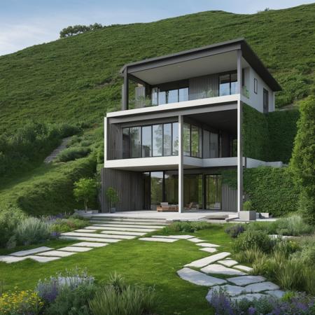 a single house on a hill, the house is entirely made of an element from the Periodic Table, high detail, hdr, elemental garden, complex house design