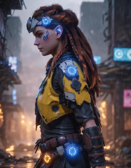 Cyberpunk Aloy covered in glowing LEDs and metal bionic implants walking down a destroyed dystopian city in the rain