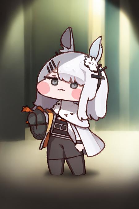 masterpiece, best quality, <lora:frostnova:1>,<lora:Trickcal Revive2_0.99:1>,chibi,
1girl,(rabbit ears:1.2),hair ornament,hair clip,grey hair, long hair,grey eyes, hair over one eye,scar on nose,white coat,open clothes,grey dress,belt,black gloves,arm band,long sleeves,