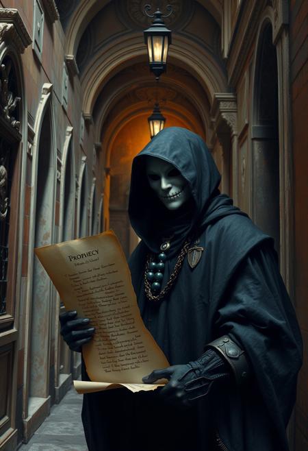 A masked figure in an ornate Venetian alleyway, holding a parchment inscribed with a prophecy, as time itself warps subtly around them.
Venetian Renaissance painting, mystical allegory, dark surreal storytelling, sfumato technique, poetic atmospheric landscapes, rich layered symbolism, esoteric mythology, dreamlike realism, cosmic horror undertones, enigmatic figures, painterly textures, philosophical depth, reality and illusion blurred, ancient mythic storytelling, introspective narrative composition