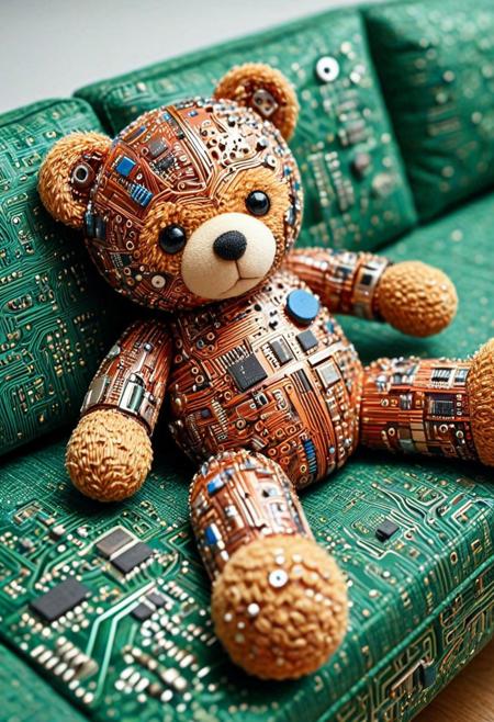 8k, Raw digital photo, Tilt shift photography style, , a teddy bear, lie down on elbow in sofa, pcb_style, sofa made of circuit, Unmanned, Sleeping teddy bear,