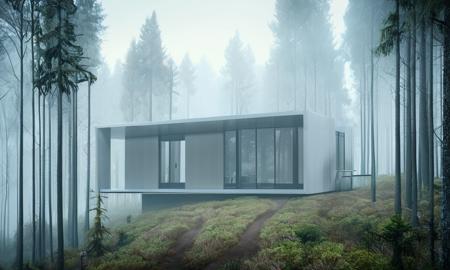 a modern house in the woods  and fog in the air behind it, with trees and fog in the air, no humans, scenery, tree, outdoors, nature, house, grass, forest, window, day, building
<lora:MIRstyle-v10:1>