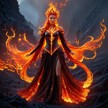 HavvoricFireDarkstyle, A striking woman with a captivatingly beautiful face, existing within a vibrant fantasy realm. Her attire is a breathtaking spectacle – a flowing and dynamic outfit where every element is crafted from pure, incandescent fire and swirling, ethereal flames. The fiery fabric might crackle with energy, cast a warm, flickering glow, and perhaps even leave trails of shimmering heat haze. The design could be intricate, with fiery tendrils forming patterns, or bold and dramatic, suggesting power and otherworldly origins, Lava_Flame_Fantasy background, fantasy world, surreal and intense, Masterpiece level quality, soft lighting, bright lighting, sharp focus, fine details, high quality, precise, high resolution, 4k, 8k,