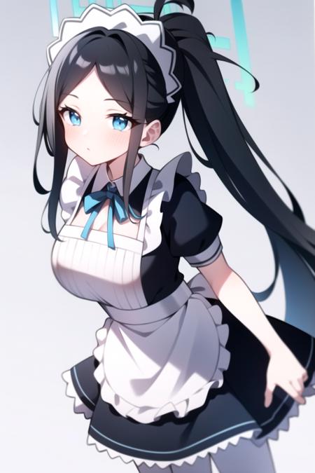 aris(blue archive),1girl,solo,maid, maid outfit, white pantyhose,long hair, black hair, ponytail, mature female, large breast,looking at viewer,halo, short sleeves,frilled apron, masterpiece, best quality, ultra details 