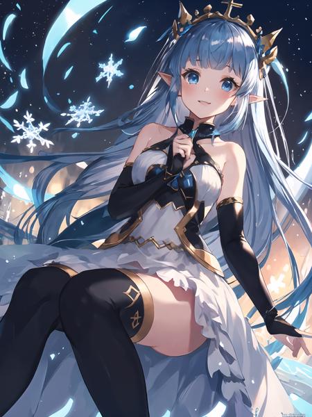 masterpiece,best quality,highres,cinematic lighting,dramatic angle,1girl,hime cut,blue eyes,pointy ears,hair ornament,white dress,bare shoulders,elbow fingerless gloves,cross-laced black legwear,<lora:CygamesLilyV1-000018:0.8:lbw=1,1,0.1,1,1,0.1,0.1,1,1,1,1,1,1,1,1,1,1>,snowflakes,happy,looking at viewer,