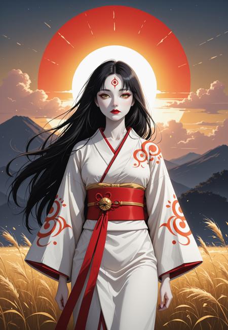 Japanese goddess Amaterasu. Waist-length black hair. White skin. Golden eyes. Thin eyebrows. Small nose. Red lips. Wears white kimono with red obi. Stands against sunrise.
(Japanese goddess Amaterasu, white kimono)
((half body view)), (((cowboy_shot)))
