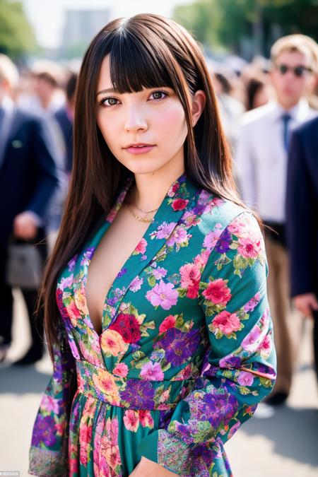 A stunning intricate full color portrait of a woman,wearing a long high neck floral dress, crowded street, spectators, happy, epic character composition,by ilya kuvshinov, alessio albi, nina masic,sharp focus, natural lighting, subsurface scattering, f2, 35mm, film grain    <lora:AiUehara:1>