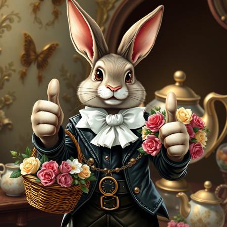 Create a highly detailed, realistic illustration of an anthropomorphic bunny character, inspired by the works of Margaret Brundage. The bunny should be holding a basket of flowers, wearing patent leather, and giving a thumbs up. Incorporate elements of benevolence and whimsy, with a touch of the gaudy and ornate. The character should be depicted in a large, tall format, with a white ascot and a potion belt. Ensure the image is in high definition (4K or 8K) and features micro details, lifelike details, and adherence to the golden ratio. The style should be reminiscent of Mr. Clean and Constantine, with a dash of elegance and sophistication. The output should be a high-quality image, trending on Pinterest, with a top lid and a teapot in the background.