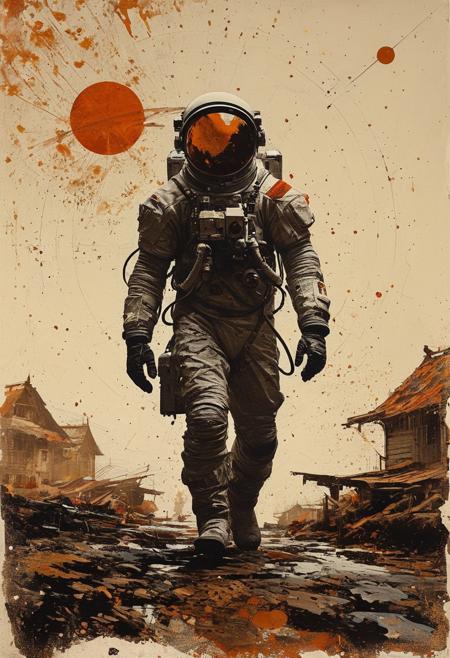 photo of astronaut walking in a old village in the background (in the style of Frank Frazetta painting) Dean Cornwell, design, 1970s, Russian Constructivist style, double exposure, volumetric lighting, expressive, ancient starchart, ink spattered background, warm colors, space, art deco, splatter, Japanese Woodblock print, planar rectilinear shapes, extreme energy, dynamic posing, Dutch angle, black, Crimson<lora:xl_more_art-full_v1:0.3>