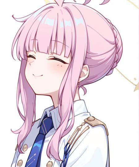 shiranui kaya (blue archive), halo, pink hair, blunt bangs, sidelocks, braided bun, tied hair, ahoge, green eyes, horizontal pupils, white shirt, blue necktie, yellow button, white gloves, white skirt, white pantyhose, white shoes, shiranui kaya (blue archive), halo, pink hair, blunt bangs, sidelocks, braided bun, tied hair, ahoge, closed eyes, white shirt, blue necktie, yellow button, white gloves, white skirt, white pantyhose, white shoes,