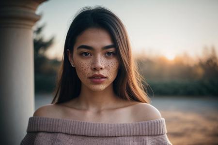 score_9, score_8_up, score_7_up, realistic lighting, photo, photorealistic, 1girl, mysterious girl with freckles, an exotic girl in off-shoulder sweater, fading backlit background, pastel colors, alluring goddess, amazing depth, double exposure, surreal, geometric patterns, intricately detailed, bokeh, perfect balanced, deep fine borders, artistic photorealism, smooth