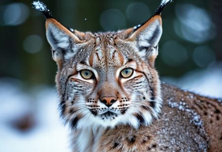 portrait, masterpiece, 4k, ray tracing, intricate details, highly detailed, hyper realistic, 8k RAW editorial photo.
an adorable lynx , head with a tilt and a slight blink. The lynx is feathers should be soft and fluffy, the background should be a  snowy forest, dramatic light, shallow depth of field, high budget,