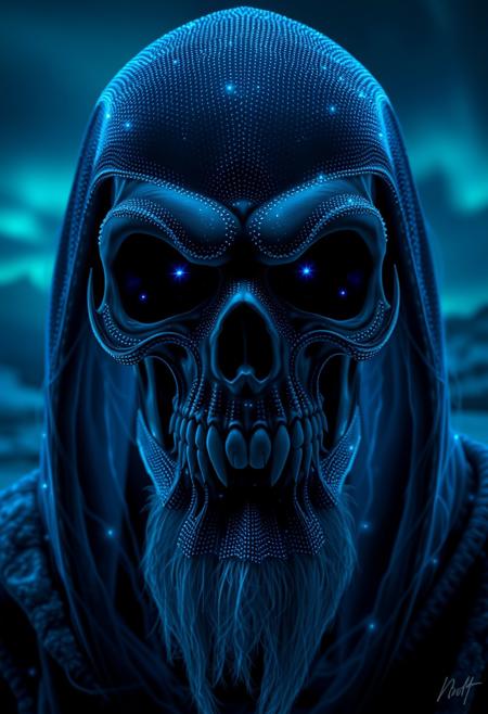 A symmetric portrait of Masters of the universe Skeletor, features dissolving into frozen magic thin, luminescent blue lines. Weighted Voronoi stippling and laser caustics create a network, transitioning from hyperrealistic detail to abstract, quantum-inspired forms. Ethereal hues blend, evoking existential transition and mystery. Close-up on face, evil skull partially visible. Set against a twilight arctic backdrop, icy winds ripple through his tattered robes. Rendered in a fusion of photorealism and digital surrealism, the scene is illuminated by ghostly Northern Lights. Emphasis on cold, menacing atmosphere, invoking Nordic myths