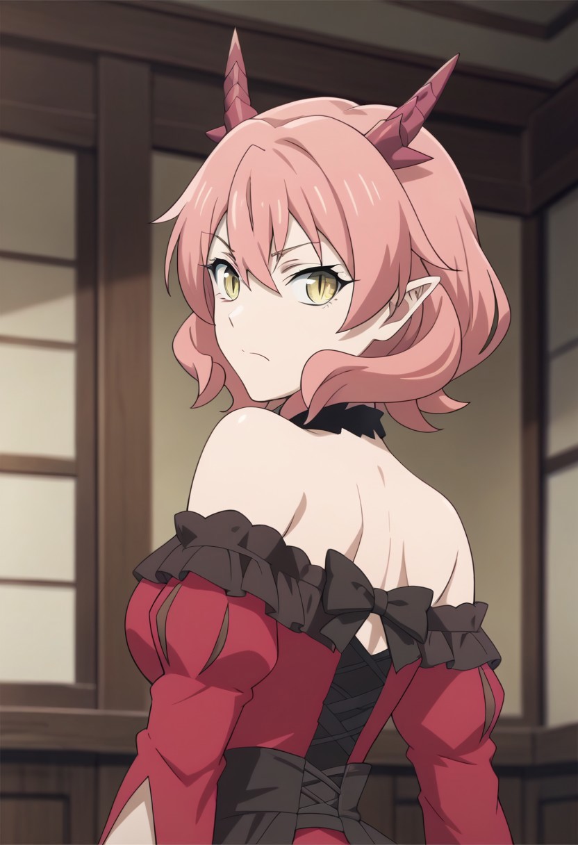 A young woman with pink hair, golden eyes, small, curved horns and pointy ears wearing a red dress with black frills and a choker. The background shows a traditional Japanese room with wooden screens. She is looking over her shoulder with her back turned to the viewer, and her expression is upset, with a hint of a frown.