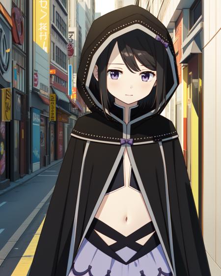 masterpiece, high quality, mgrckuroe, 1girl, side view, medium shot, upper body, purple eyes, black hair, black with white cropped jacket, crop top, black cloak with white edgings, hood on head, purple bowtie, blue with pink skirt, outdoors, city, street, <lora:mgrckuroe-000010:0.8>