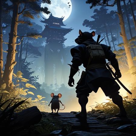 "Humanoid rat Ninja, stealthily approaching an enemy camp in a moonlit forest setting, (realistic yet stylized, like Hayao Miyazaki or Makoto Shinkai), by Akira Toriyama or Katsuhiro Otomo, hd"