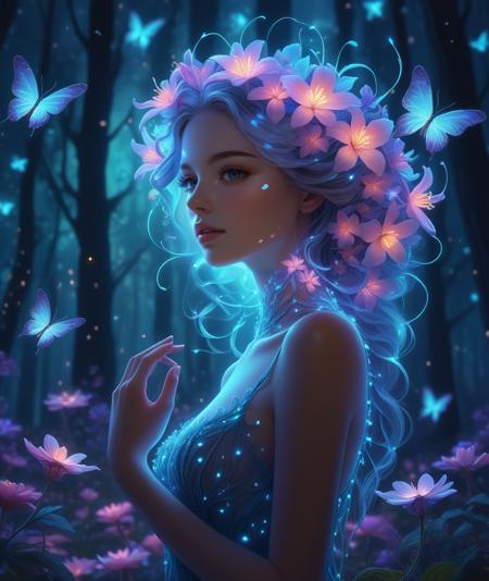 Style-PaintMagic, high quality, 8K Ultra HD, wide shot, (beautiful and sexy Bioluminescent girl with a slim figure:1.2), beautiful flowing Bioluminescent flowers forming a beautiful girl, Bioluminescent hair, full depth of field and realistic textures, hands in hair, arms up, neon, glowing, (fractal art:1.3), night, enchanted forest, flowers, firefly, (detailed background:1.3), wholesome, (rating_explicit), <lora:add-detail-xl:0.8>  <lora:picxReal_10:1>, detailed skin texture, (blush:0.2), (goosebumps:0.3), subsurface scattering, dry skin, fuzzy skin