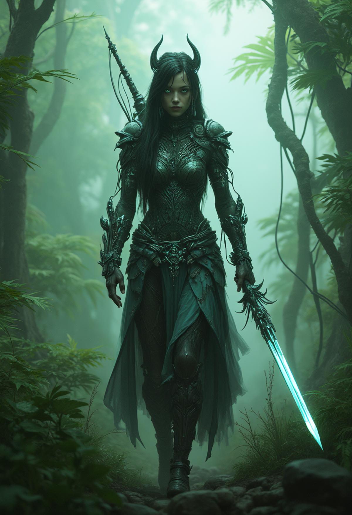 vikingpunk style, futuristic warrior-princess emerges from the heart of a densely mist-shrouded jungle, the lush canopies overhead filtering the sunlight with an atmospheric perspective. Clad in a sleek suit homespun fibrous armor that seems grown from the plants around them, her athletic physique is accentuated by the high tech augmented enhancements. Her raven-black hair cascades down her back, her piercing dimly glowing mechanical eyes gleam with an unyielding determination. A slender, crystalline energy sword dangles in her grasp, pulating with an echo the heartbeat of the jungle itself. The humid air whispers of ancient secrets hidden within the mist-shrouded ruins scattered throughout the jungle.  <lora:other/fluxVikingPunk_v1:1.0>, <lora:other/fluxAugments_v1:0.5>, <lora:other/paradiffflux.safetensors:1.0>, . Nordic and Viking-inspired aesthetic with armor elements, mechanical enhancements, and futuristic technology