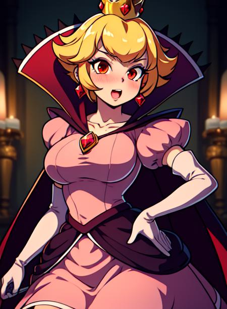 best quality, (masterpiece:1.5),(ultra-detailed), (high quality:1.3), (high resolution), <lora:shadowpeach:0.7>,1girl, blonde hair, blush, breasts, cape, collarbone, crown, dress, earrings, elbow gloves, gloves, jewelry, large breasts, lipstick, looking at viewer, makeup, open mouth, puffy short sleeves, red eyes, shadowpeach, short hair, smile, solo, skirt,