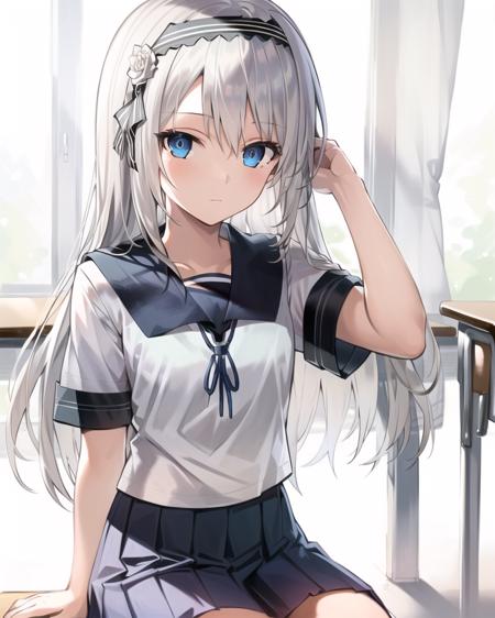 best quality,highly detailed,masterpiece,ultra-detailed,solo,1girl,(white background),Delicate eyes,long_hair,blue_eyes,(hairband),(school uniform:1.3),(+sitting:1.2),expressionless,(backlighting),