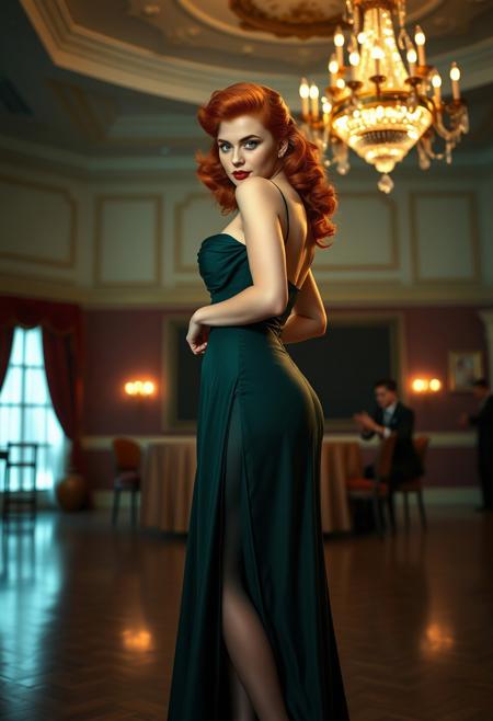 score_9, score_8_up, score_7_up,
RAW, masterpiece, full body, photorealistic, pinup,  noir_style, 
1girl, beautiful young woman, 30 years old, redhead, long hair, 1940s era flip up-do hairstyle,standing in a 1940s era ballroom,
1940's noir, elegant,
Wearing vintage green ball gown, low cut, nylon stockings, high heels.
looking at viewer, 
high details, highly detailed, sharp focus, beautifully detailed woman, detailed eyes and face, 
detailed background, 1940s ballroom, chandelier