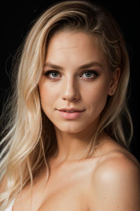 RAW photo of melpel,portrait, face portrait, blonde, makeup, face portrait, black background,(high detailed skin:1.2), 8k uhd, dslr, soft lighting, high quality, film grain, Fujifilm XT3, <lora:melpel:1>