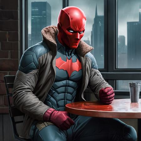 Hyperrealistic art of  <lora:Red Hood:1.2>
Red Hood a man in a red mask sitting on a table in Gotham city universe, Extremely high-resolution details, photographic, realism pushed to extreme, fine texture, incredibly lifelike