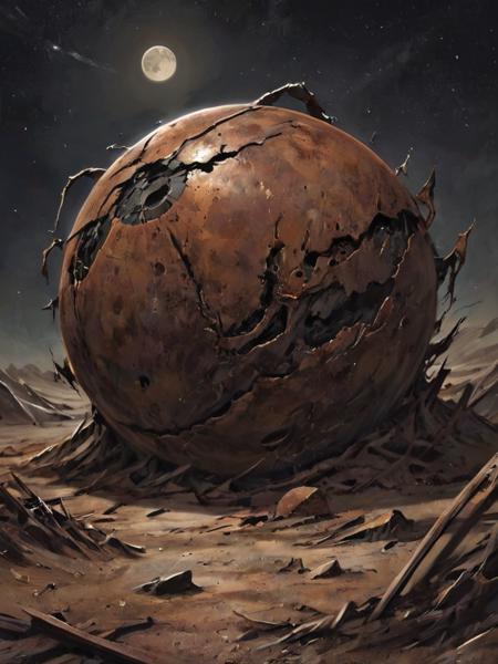 mkitdecy, drawing, of a rusty decayed planet under a blanket of broken dust, planetary scale, deep shadows, high quality, high resolution, cinematic, dark, <lora:- SDXL - mkitdecy_let_it_decay_V1.0:.7>