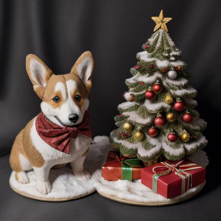 <lora:M1n14tur3:0.9>,photo of (M1n14tur3:1.1) ceramic sculpture of a Christmas scene featuring a pair of Corgi dogs,snow gently falling on its soft,curly fur as it sits next to a sparkling tree adorned with bright,colorful ornaments,presents wrapped in festive paper scattered around its base,warm glow of string lights,photo realistic,ornate,studio photograph,sitting on a wooden counter with a black cloth background,bokeh,tilt shift,super detailed,intricate,dramatic,shadows,beautiful,insane details,hyperdetailed,8k wallpaper,uhd,hdr,high contrast,