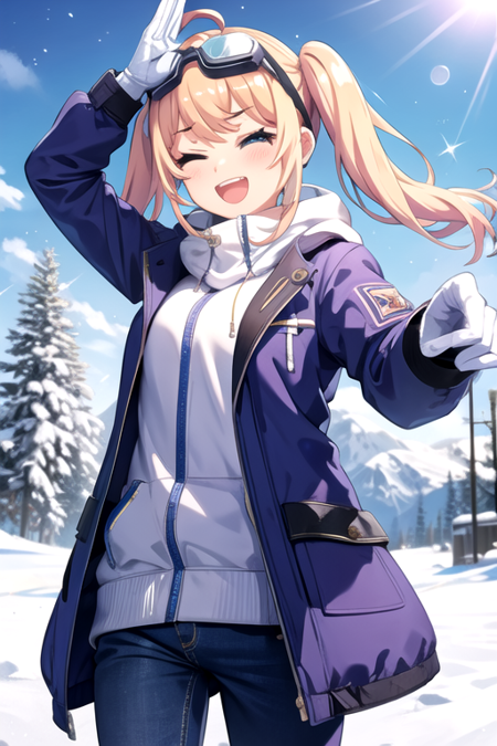 <lora:7Aya-01:0.7>, ayaptd, 1girl, solo, long hair, looking at viewer, blush, smile, open mouth, blue eyes, blonde hair, gloves, long sleeves, twintails, jacket, ahoge, outdoors, one eye closed, sky, teeth, day, pants, white gloves, blue sky, coat, sparkle, ;d, goggles, snow, pocket, goggles on head, mountain, blue pants, winter clothes, purple pants