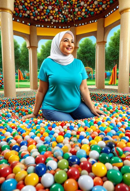 8k, score_9, score_8_up, score_7_up,
masterpiece,realistic,ultra detailed, vibrant colors,photo-realistic,
A fun mature curvy middle aged woman, Turkish woman, wearing hijab, wear tshirt, playing in a ball pit in indoor park, a ball pit flooded with marbles ball the size of golf balls.
