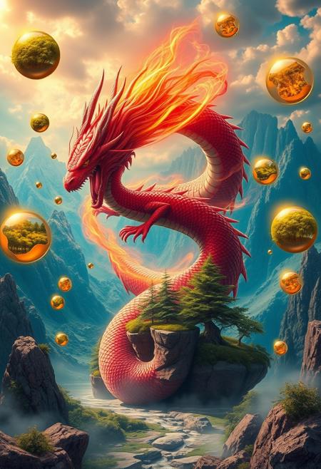/imagine prompt: A surreal, dreamlike landscape unfolds, where reality bends and twists into impossible forms. At the center, a majestic dragon with flowing, red scales is caught in an eternal chase, shaped like a figure 8, its body weaving through a figure 8 infinity loop,  The dragon’s mouth is wide open, exhaling vibrant energy that seems to breathe life into the strange world around it. Floating in the air, golden spheres hover, some cracked open to reveal miniature forests growing within, as if entire ecosystems are contained inside these radiant orbs.