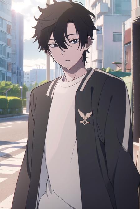 xiaoshi cheng, short hair, black hair, 1boy, hair between eyes, (black eyes:1.5), shirt, long sleeves, jacket, white shirt, pants, open jacket, black pants,