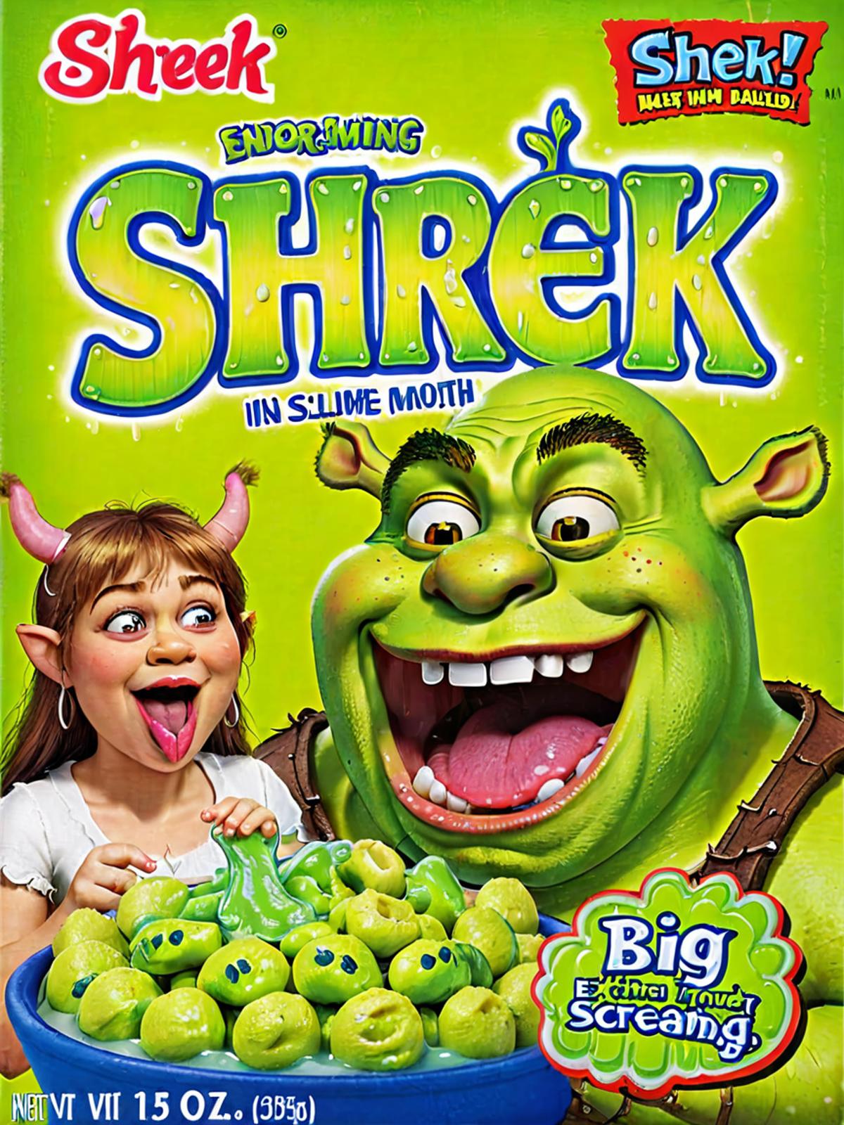 A green Shrek in slime mold on a green box with a girl sticking her tongue out.