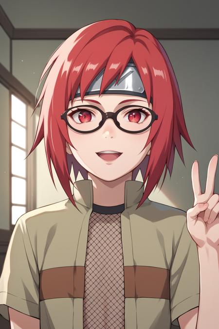 KarinUzumakiGEXL, black glasses, red eyes, red hair, short hair, bangs, sidelocks, forehead protector, flat chest, open shirt, shirt, short sleeves, fishnet top, brown skirt, fishnet thighhighs, black footwear, toeless footwear