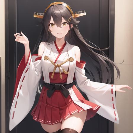 (masterpiece, best quality:1.2),illustration,8k,hd,1girl,solo,cowboy shot,black hair,gold eyes,long hair,hairband,headgear,hair ornament,hairclip,nontraditional miko,japanese clothes,detached sleeves,ribbon-trimmed sleeves,smile,wide sleeves,red skirt,pleated skirt,hakama skirt,waist bow,thigh boots,thighhighs,<lora:Haruna(kan)>,