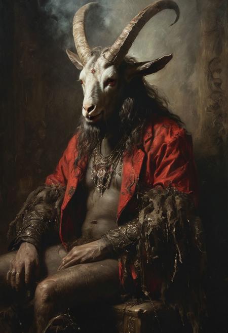 masterful painting in the style of Anders Zorn | Marco Mazzoni | Yuri Ivanovich Pimenov, oil on canvas, symmetrical close up shot of Baphomet, very old and grunge goat face, he is looking up,  he wears necklaces and earings, he wears an ancient evil armour, he is sitting in his throne, infernal lighting, at hell, top light, ethereal hot light, chiaroscuro, fog, mist, red smoke