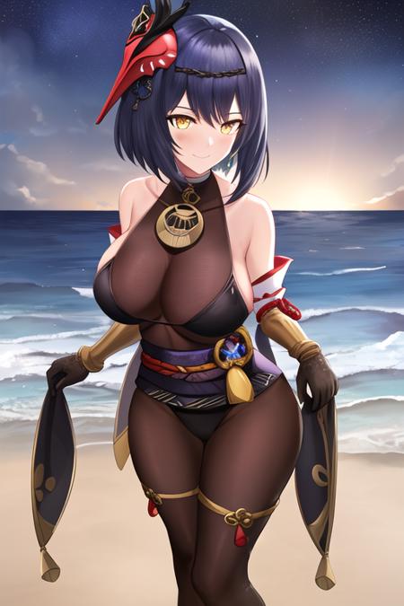 masterpiece, best quality, highres, solo, {night:1.10}, {starry sky:1.10}, beach, beautiful detailed sky, {extremely detailed background:1.20}, mature, {kujou_sara_genshin:1.10}, short_hair, yellow_eyes, bangs, black_hair, breasts, large_breasts, closed_mouth, bodysuit, vision_\(genshin_impact\), {standing:1.10}, looking at viewer, {bikini:1.30}, light smile