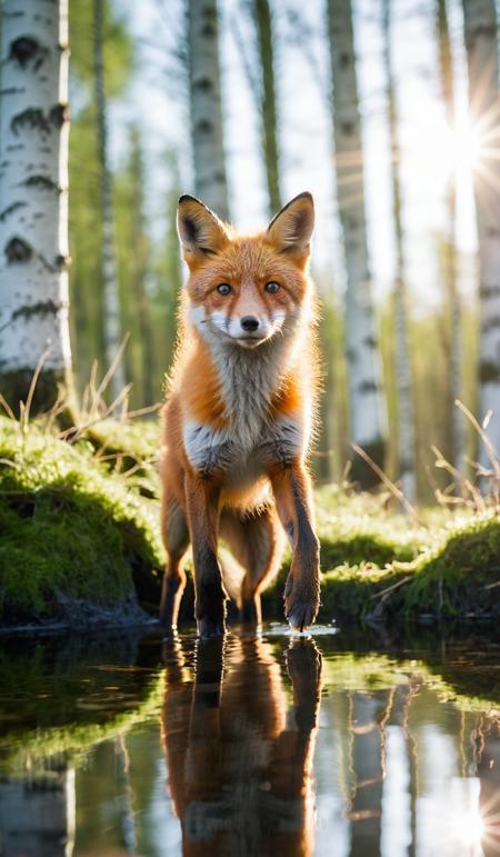 Low angle close-up of a jumping young fox in lush green spring birch forest shot against rising sun with lensflare and reflections in crystal clear water, cinematic look, film, breathtaking photograph, award-winning, professional, dlsr, dramatic light, highly detailed . 35mm photograph, 4k, vivid colors, daylight, warm atmosphere, focus stacking, shot on hasselblad, <lora:add-detail-xl:1>, <lora:SDXLHighDetail:0.5>
