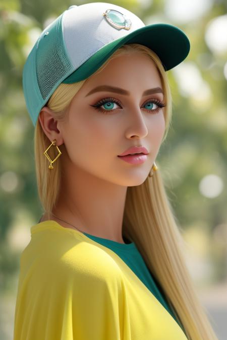 masterpiece, best quality, 1girl, aqua eyes, baseball cap, blonde hair, closed mouth, earrings, green background, hat, hoop earrings, jewelry, looking at viewer, shirt, short hair, simple background, solo, upper body, yellow shirt  