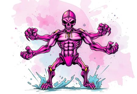 A dynamic Splash Ink Illustration of a pink and purple Fossil Warrior Skull Bone with striking gold accents. The character has a muscular physique, visible abs and chest, and four arms, two dramatically extended. A helmet with a visor obscures the face. The legs are bent, suggesting intense readiness. The figure stands centrally in a Marincess Battle Ocean, rendered with expressive ink splashes and watercolor washes that create an attractive, fluid background. Sharp Lines and Brush Strokes define the form, reminiscent of a Raphael Style interpretation of anatomy and pose within a contemporary aesthetic. Impeccable Composition, Creative Angle, Handcrafted with Precision, High Quality, Stunning Colors, Harmonious Colors, Multi Colored, Balanced Editing, Intentional Focus, Well-timed Moment, Vivid Emotions, Joyful Impact, Powerful Message, Beautiful Detailed Eyes, Artstation Trending on ArtstationHQ.