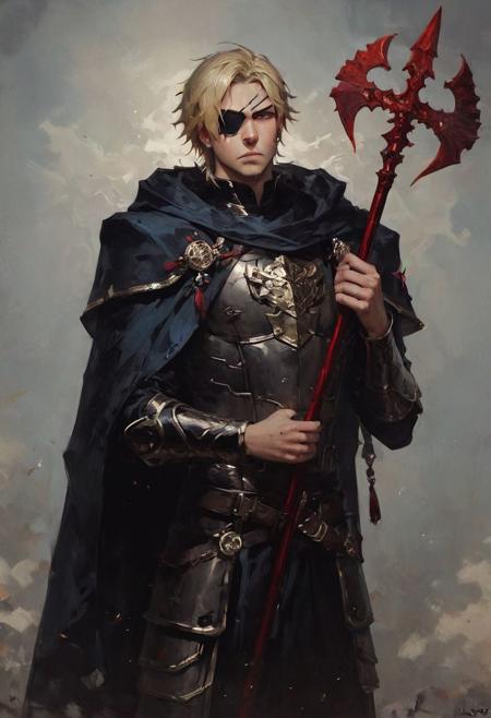 score_9, score_8_up, score_7_up,  rating_questionable, medium shot,1man, solo, tall, marauder, warrior, holding an spear ,  red trim, a man with blonde  hair, Brom, beautifully backlit, fantasy art, medium size hair, side bang , unruly blonde hair, atmospheric, sweat, view from side , black armor,black fur cloak, blue  cape, d4rk01l ,
(Dimitri/ fire emblem timeskip),  eyepatch, serious face
Burning battlefield