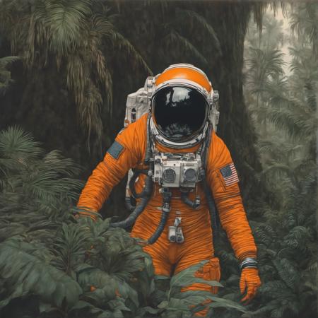 johnmortensen drawing of an Ultra realistic long shot of a female Astronaut in a Jungle, photograph, broken helmet tangerine cold color palette, muted colors, detailed, 8k