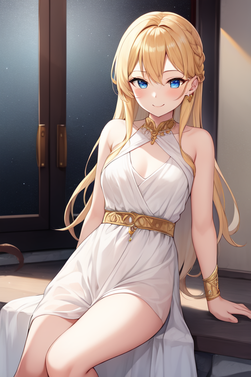 ancient greek clothes, 1girl, solo, long hair, looking at viewer, jewelry, smile, dress, blonde hair, blue eyes, sitting