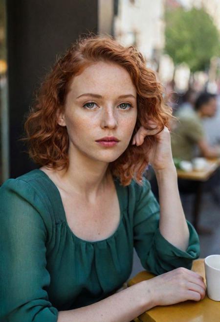 (full body), (wide shot). 1 girl.
26-year-old woman with red wavy hair, sitting at a caf terrace outside, contemplative expression, in a green blouse, hair down.downblouse. top perspective shot. ((Looking away)),
, thispersondoesnotexist.com, average appearance girl, posted on reddit, amateur, real life person, basic person with realistic features  
Low camera shot. (Low perspective shot). film grain. grainy. Sony A7III.
Aligned eyes,  Iridescent Eyes,  (blush,  eye_wrinkles:0.6),  (goosebumps:0.5),  subsurface scattering,  ((skin pores)),  detailed skin texture,  textured skin,  realistic dull skin noise,  visible skin detail,  skin fuzz,  dry skin,  hyperdetailed face,  sharp picture,  sharp detailed,  analog grainy photo vintage,  Rembrandt lighting,  ultra focus,  illuminated face,  detailed face,  8k resolution,photo r3al